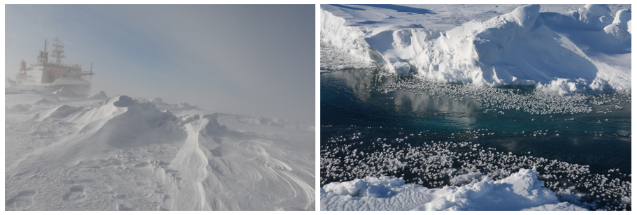 Figure: (LS) Blowing or drifting snow above sea ice during a blizzard; (RS) the very heterogeneous sea ice surface as a potential source for atmospheric particles: snow, brine, frost flowers, refrozen leads (photo credit M.M. Frey).